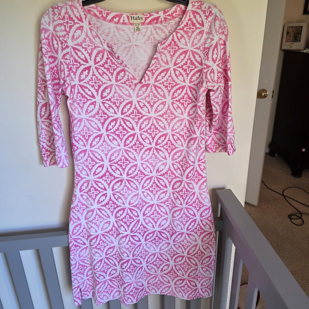 Hatley Pink and White Geometric Print 3/4 Sleeve T shirt Dress Size XS